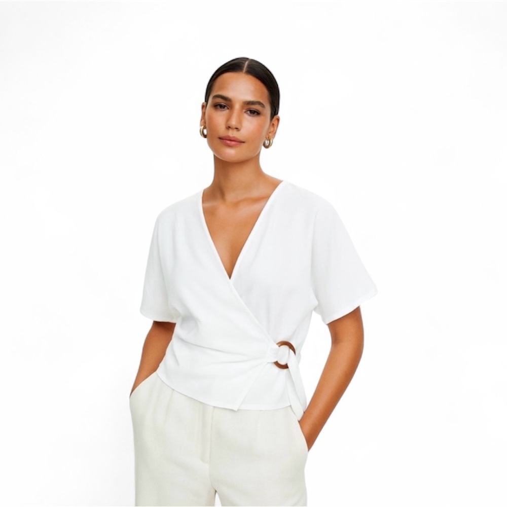 Inner Circle, Women sheer Wrap Top. Cream, XL, 100% Lyocell.